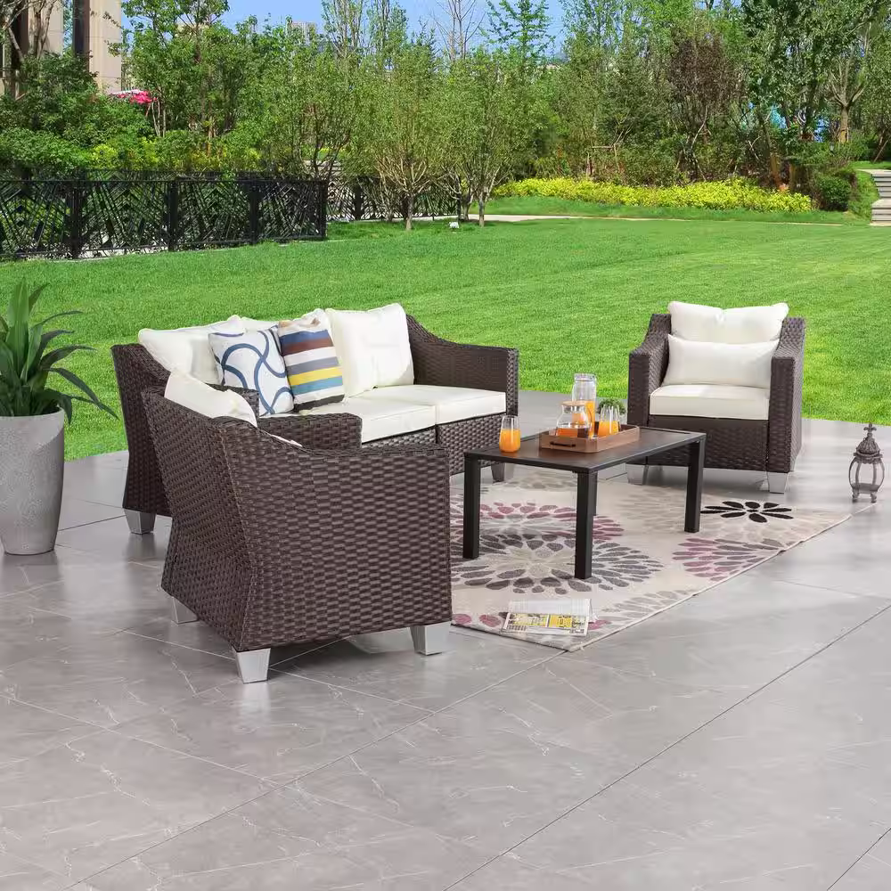 Patio Festival 6-Piece Wicker Patio Conversation Set with Beige Cushions