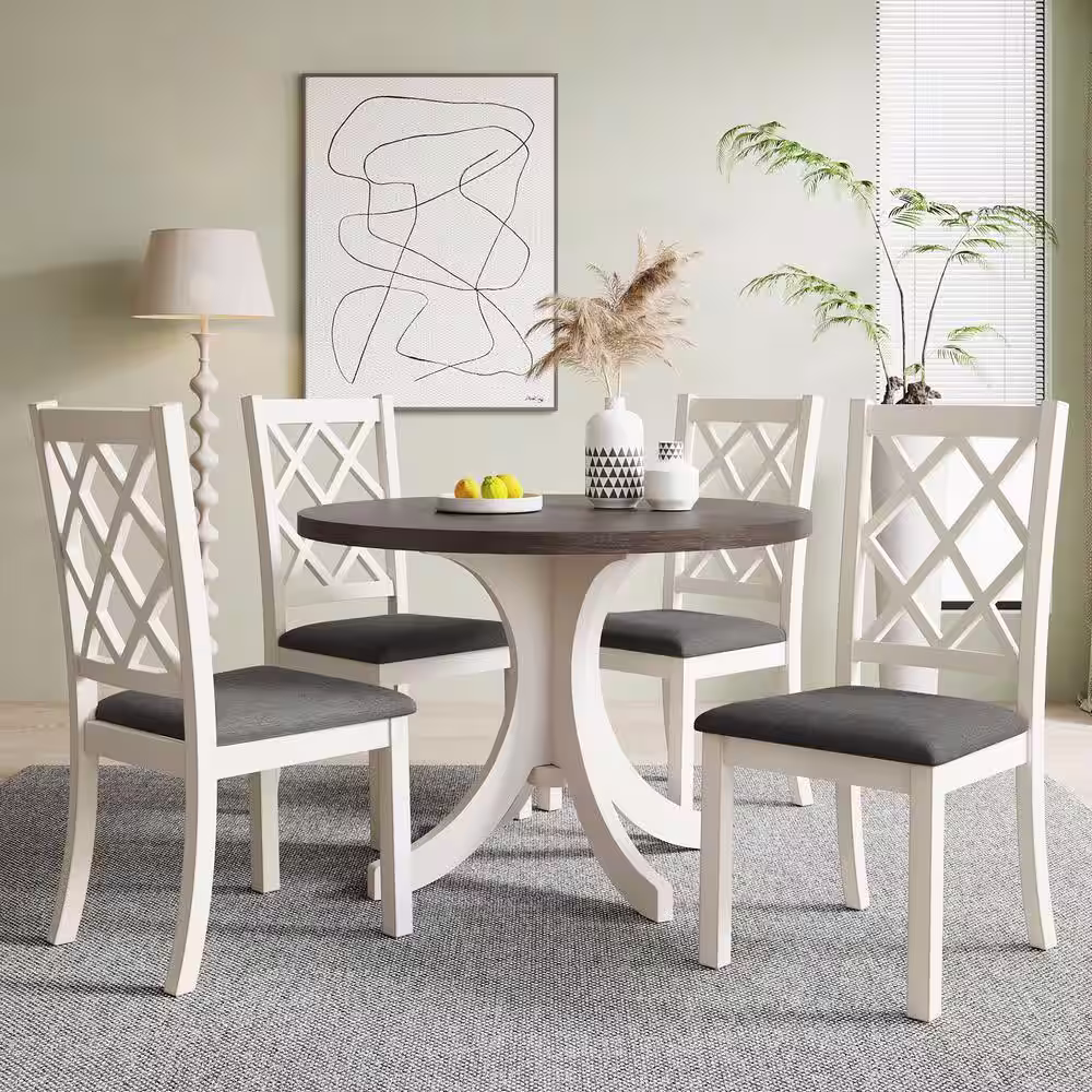 Harper & Bright Designs Mid-Century 5-piece Brown Round MDF Top Dining Table Set Seats 4 with Gray Upholstered Chairs