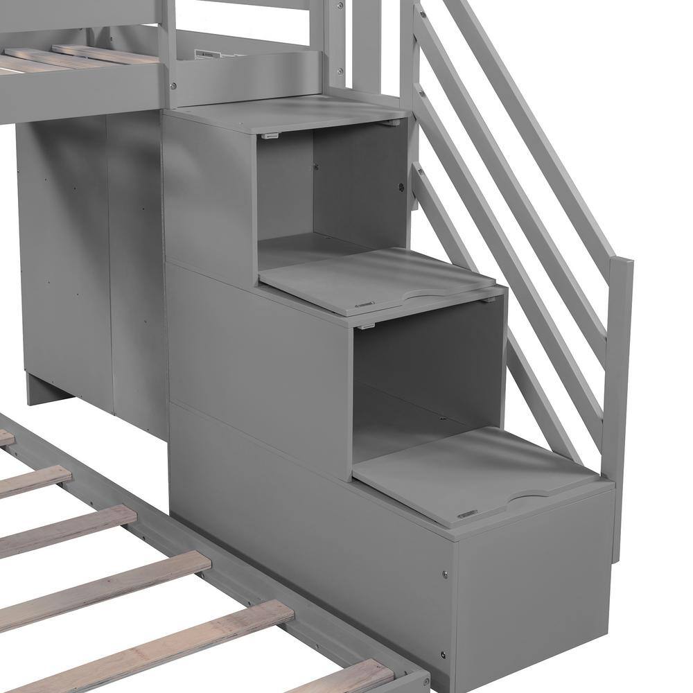 Harper & Bright Designs Gray Twin over Full House Roof Bunk Bed with Staircase and Shelves