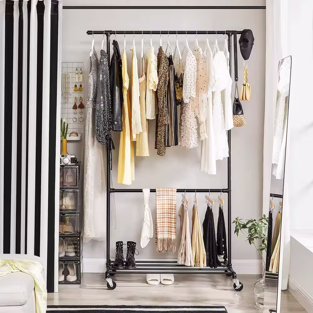 None Black Metal Garment Clothes Rack with Shelves 51 in. W x 78 in. H