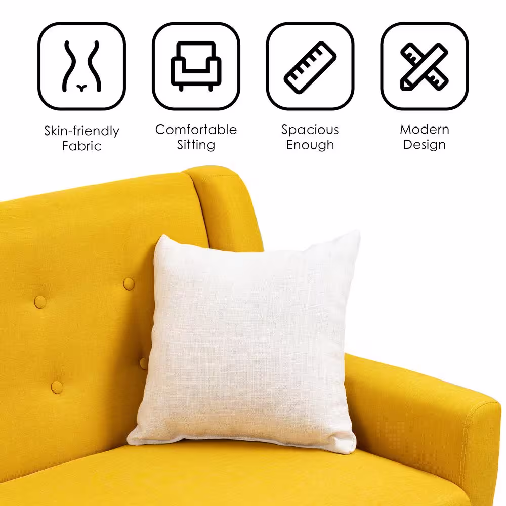 None 63 in.W Modern Straight Arm Linen Fabric Yellow Upholstered Button Loveseat Sofa With Two Pillows