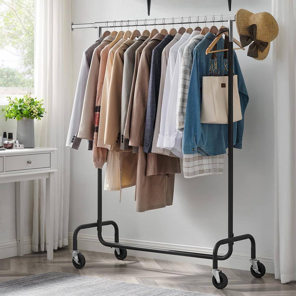 None Black Steel Extendable Garment Clothes Rack with Wheels 43 in. W x 63 in. H