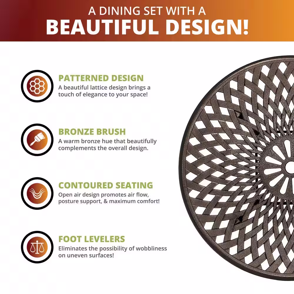 None Arden 5-Piece Cast Aluminum Outdoor Patio Dining Table Set with a Lattice Weave Design in Bronze