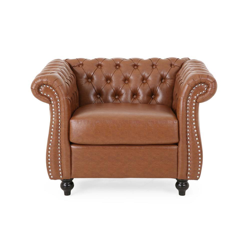 Noble House Silverdale Cognac Brown Faux Leather Nailhead Trim Club Chair (Set of 2)