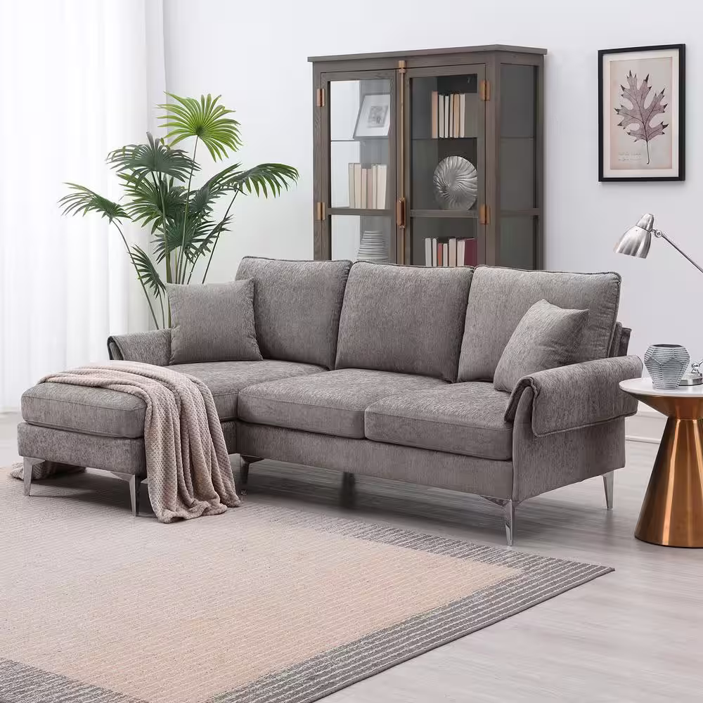 Harper & Bright Designs 84 in. W Flared Arm Chenille L-Shaped Modern Sectional Sofa in Gray with 2 Pillows
