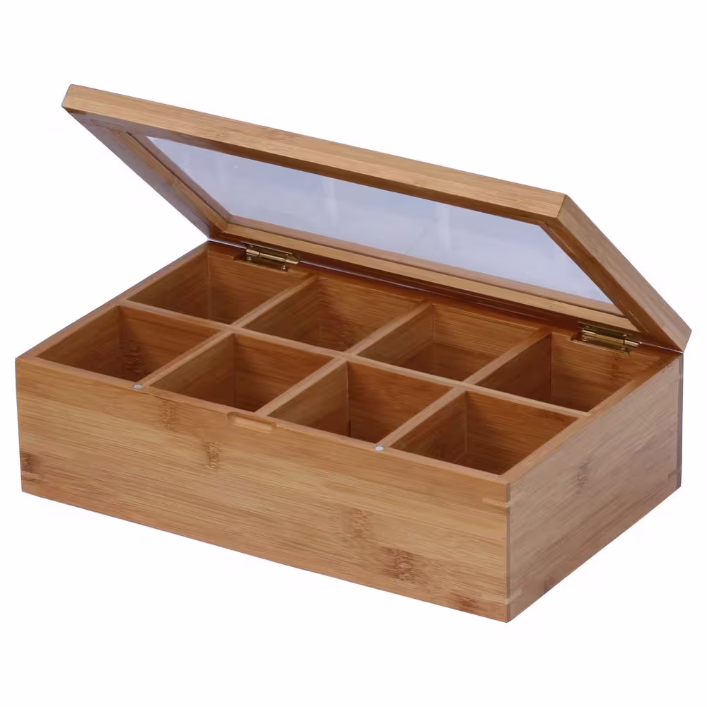 Oceanstar 8-Compartment Bamboo Tea Box with Hinged Lid