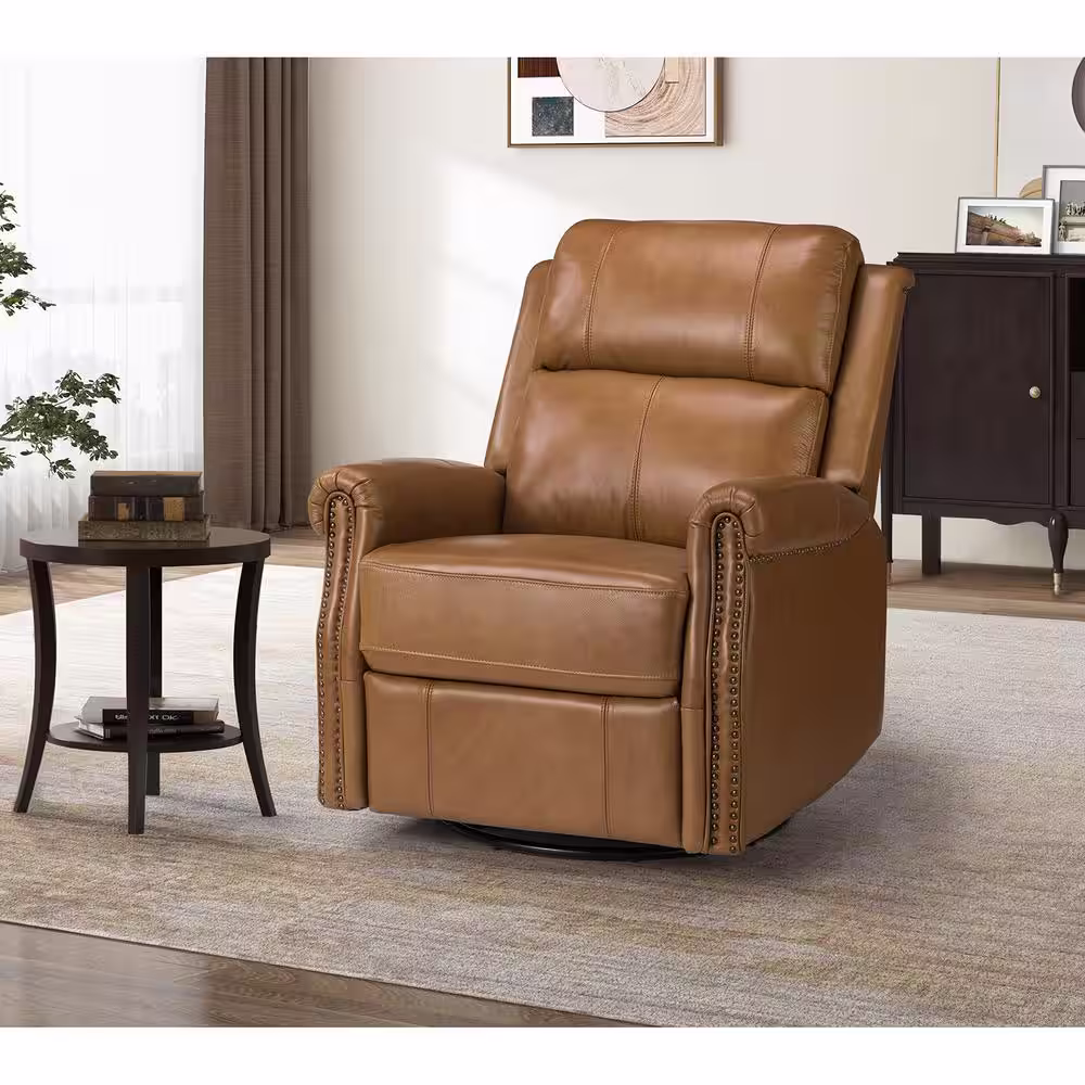 JAYDEN CREATION Kaletan Traditional Camel Genuine Leather Power Sliding and Rocking Swivel Recliner Nursery Chair with Rolled Arms