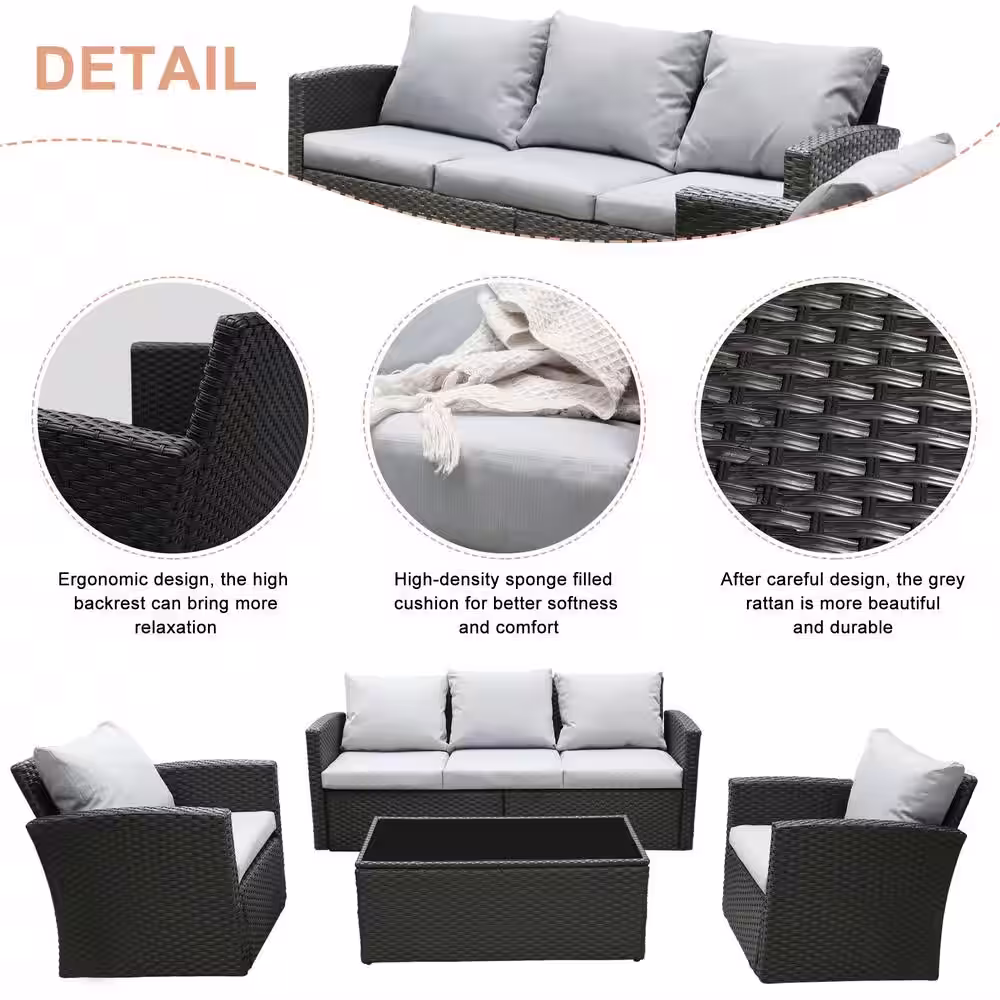 None 4-Piece Wicker Patio Conversation Set with Gray Cushion