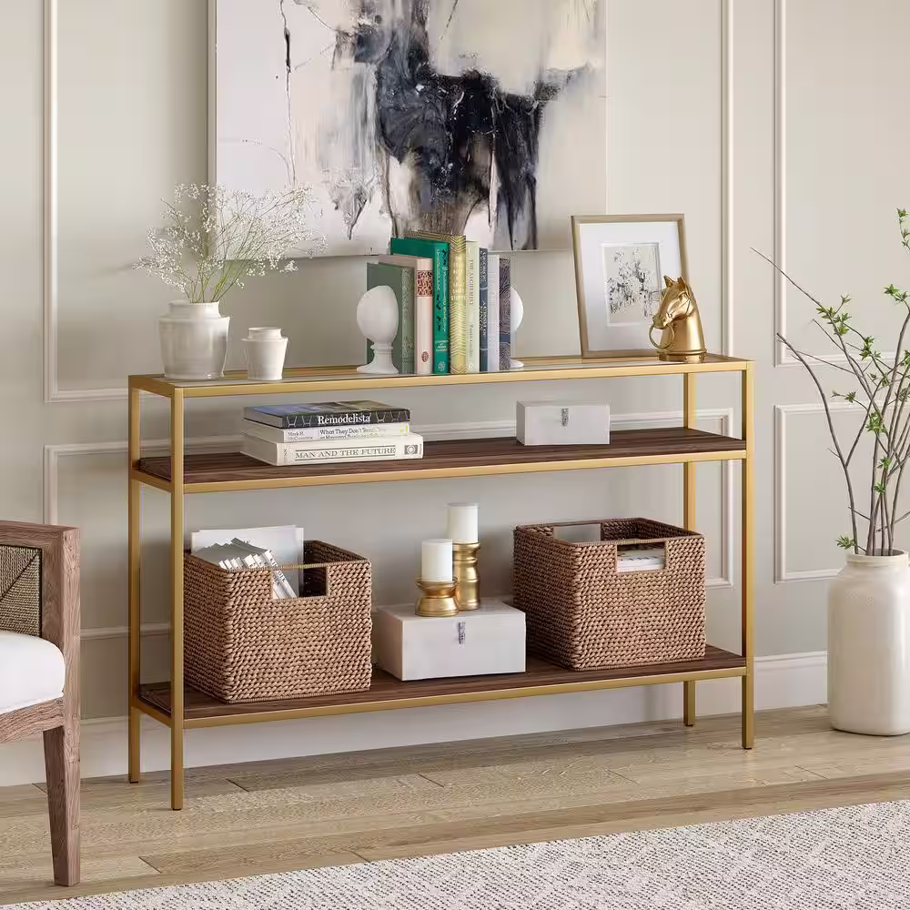 None Felicia 47.6 in. Gold Walnut Rectangle Glass Console Table