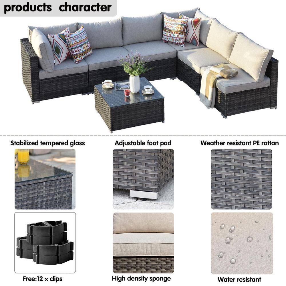 OVIOS HOPPISH Gray 7-Piece Wicker Patio Conversation Set with Beige Cushions