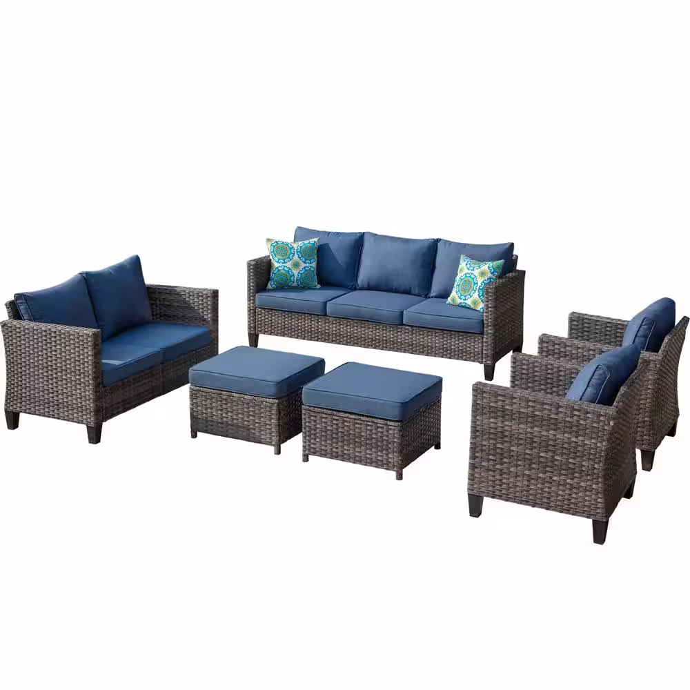 XIZZI Megon Holly Gray 6-Piece Wicker Outdoor Patio Conversation Seating Set and Loveseat with Denim Blue Cushions