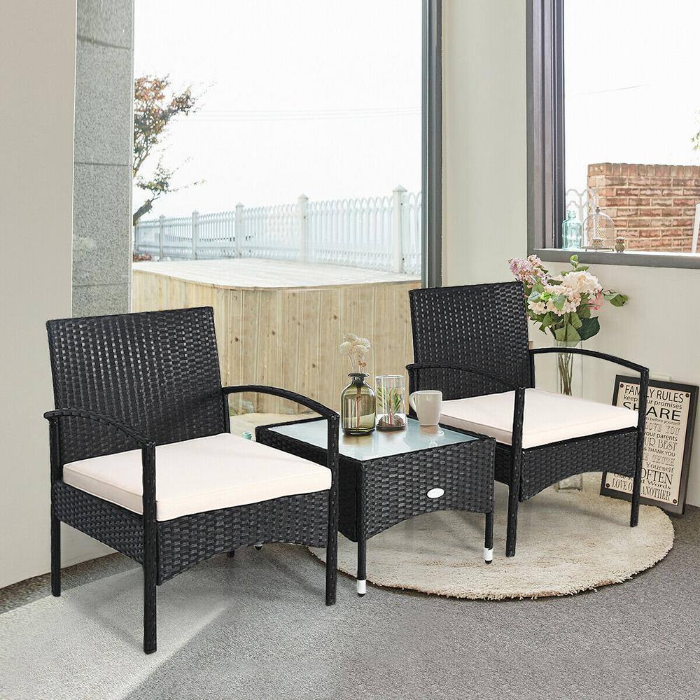 Costway Black 3-Piece Rattan Wicker Patio Conversation Set Table and 2 Chair with Beige Cushions