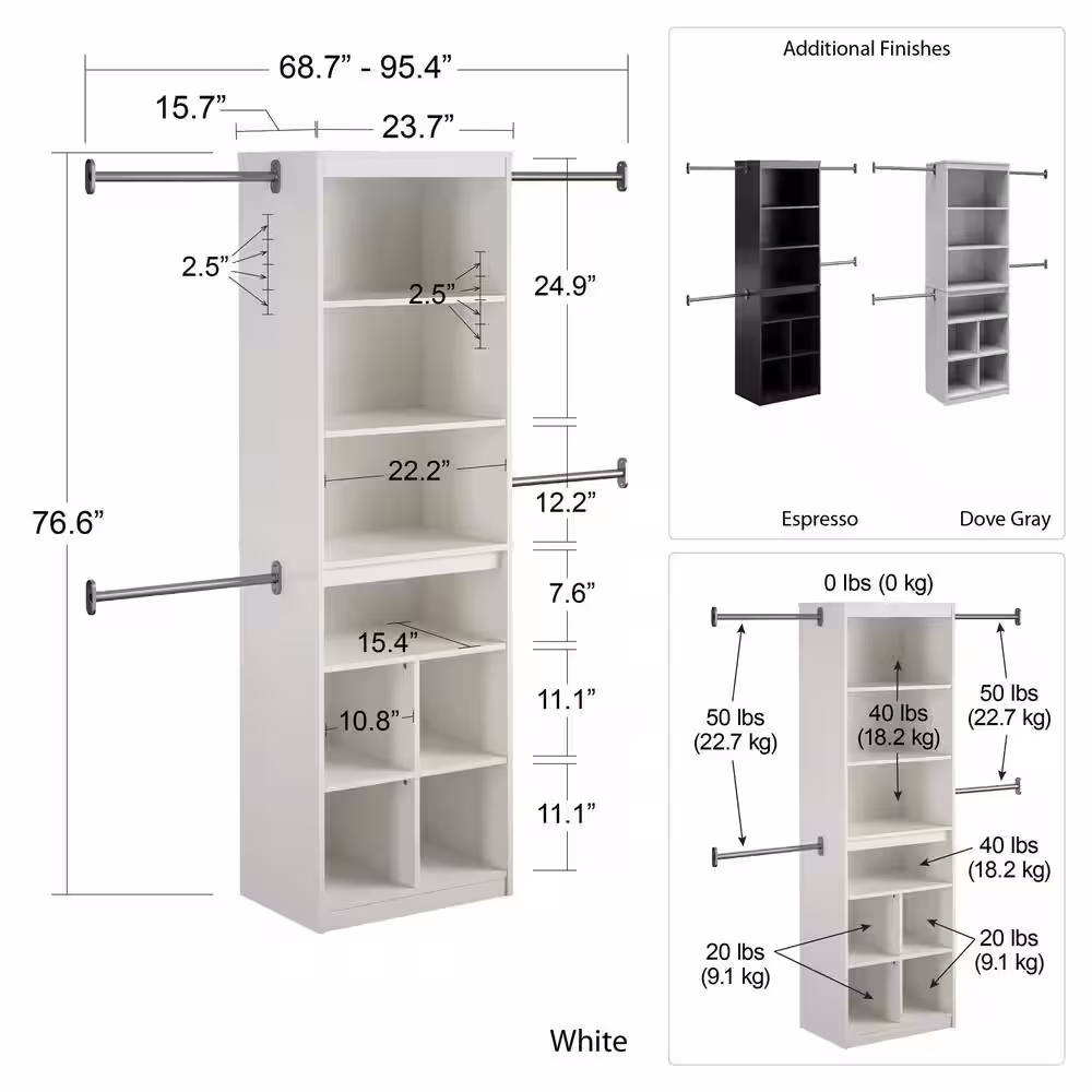 None 68.69 in.-95.4 in. White Wall Mount Adjustable Closet System with 4 Clothing Rods