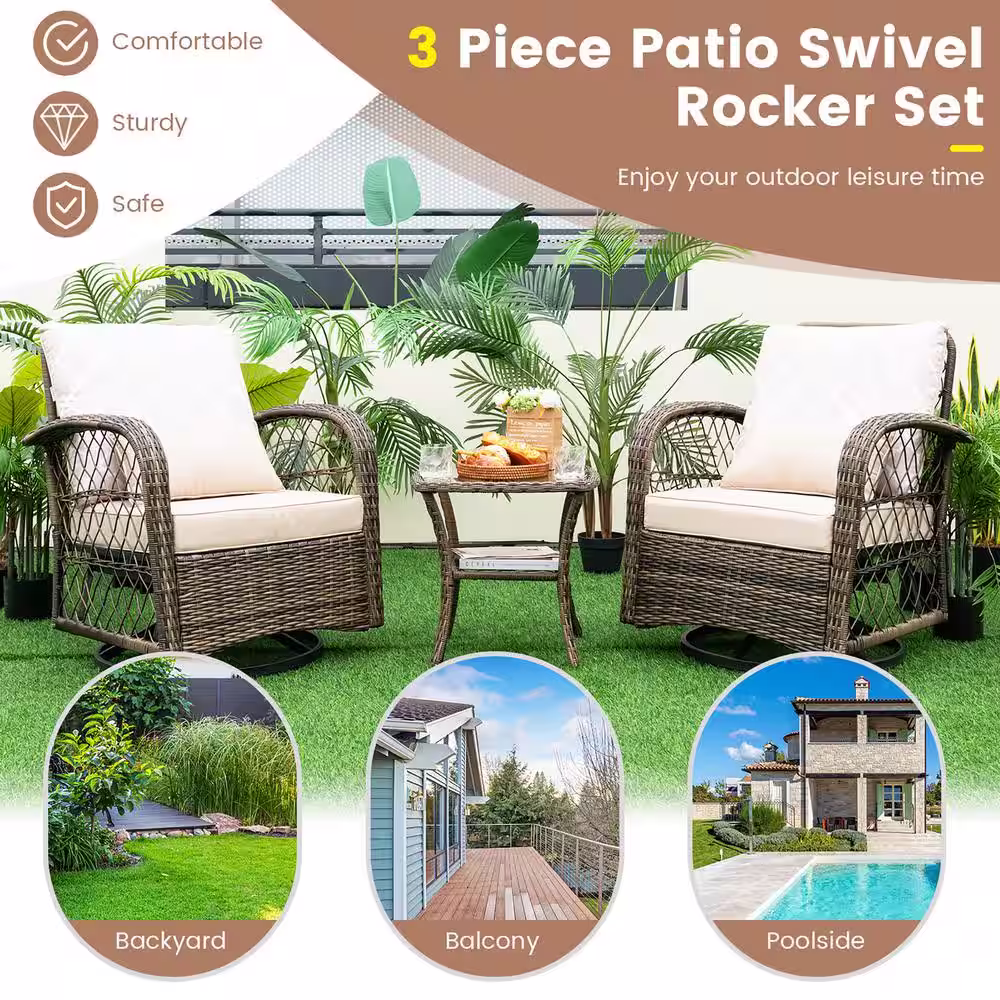 Costway 3-Piece Wicker Patio Conversation Set Swivel Rocker Set-2 Rocking Chairs 360Â° with Coffee Table