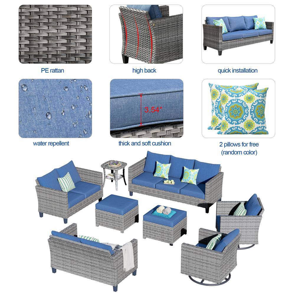 OVIOS New Star Gray 8-Piece Wicker Patio Conversation Seating Set with Blue Cushions and Swivel Chairs
