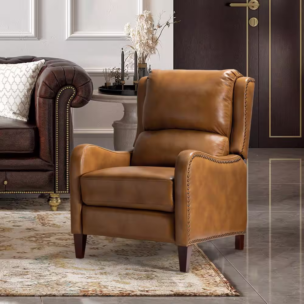 JAYDEN CREATION Hyde Modern Retro Camel Genuine Leather Wingback Recliner Upholstery Armchair With Nail Head Trim