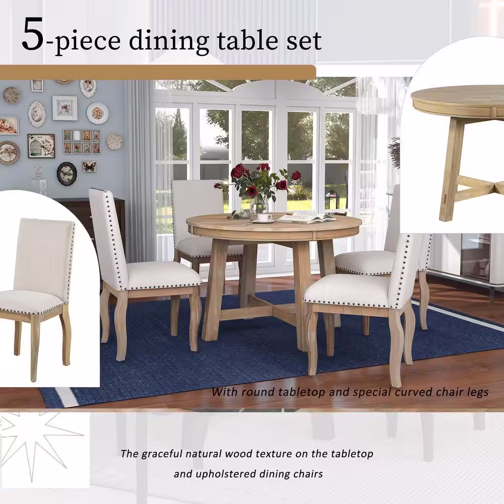 Harper & Bright Designs Farmhouse 5-Piece Naturel Wood Wash Extendable Dining Table Set (Seats 4)