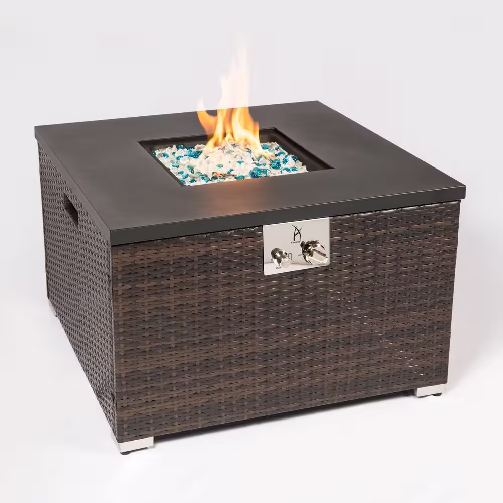 None Dark Brown Square Wicker Fire Pit Table Propane Fire Table with Glass Rocks