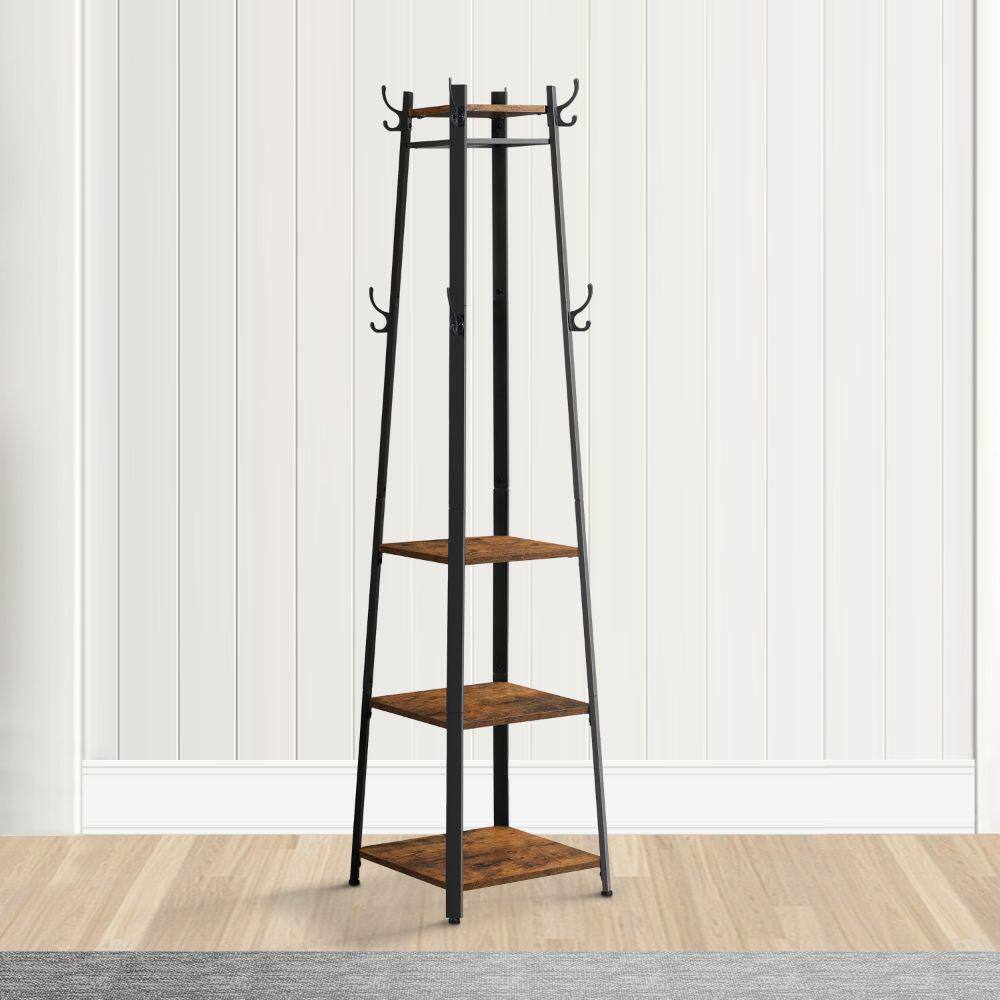 Benjara Brown and Black Metal Framed Ladder Style Coat Rack with Three Wooden Shelves