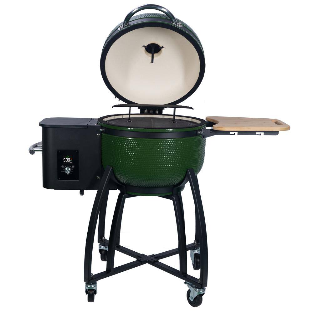 None 24 in. 4-in-1 Smoked Ceramic Pellet Grill in Dark Green with 19.6 in.  Dia Gridiron Double Ceramic Liner