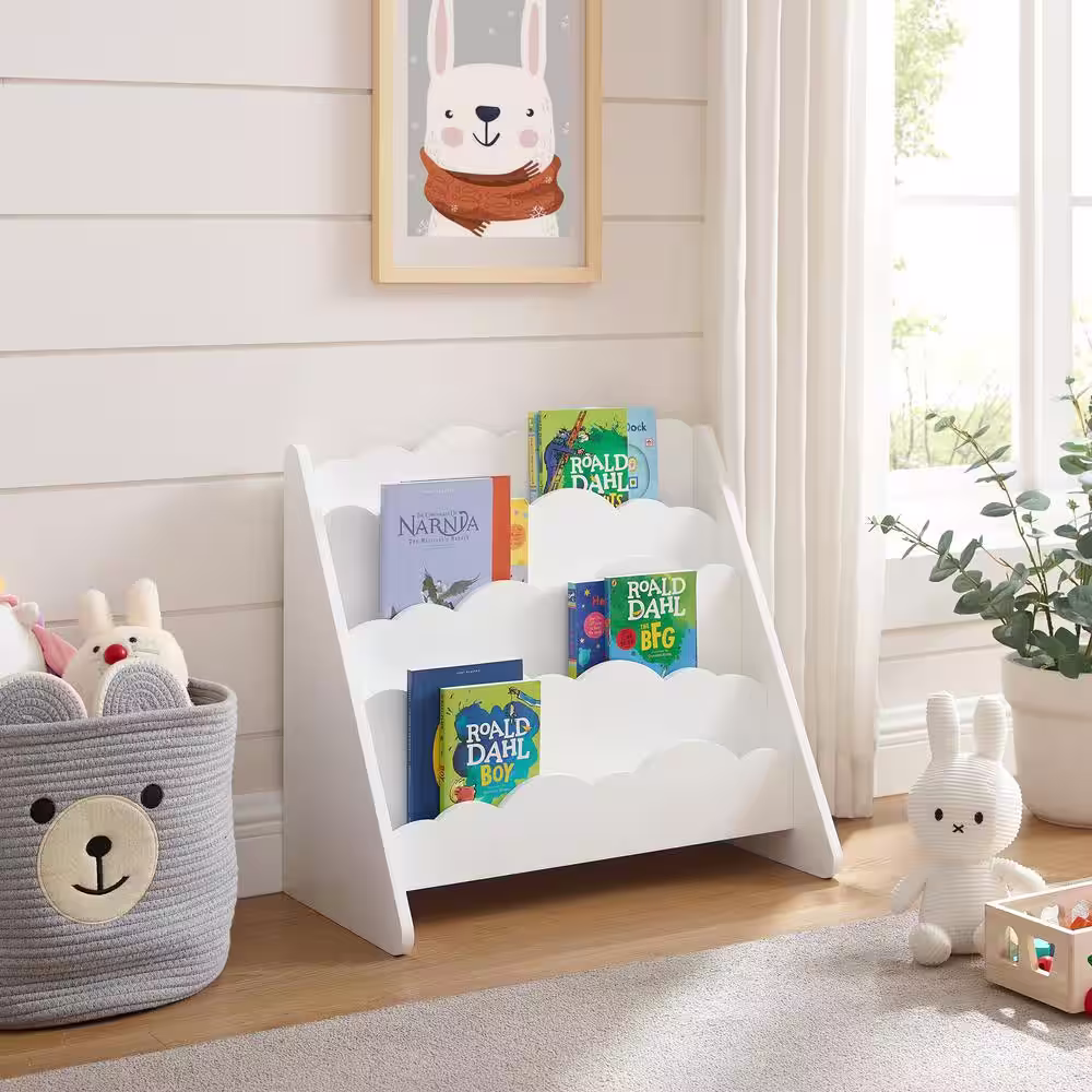 Welwick Designs 23.75 in. W White Wood 4-Shelf Modern Clouds Youth Book Rack