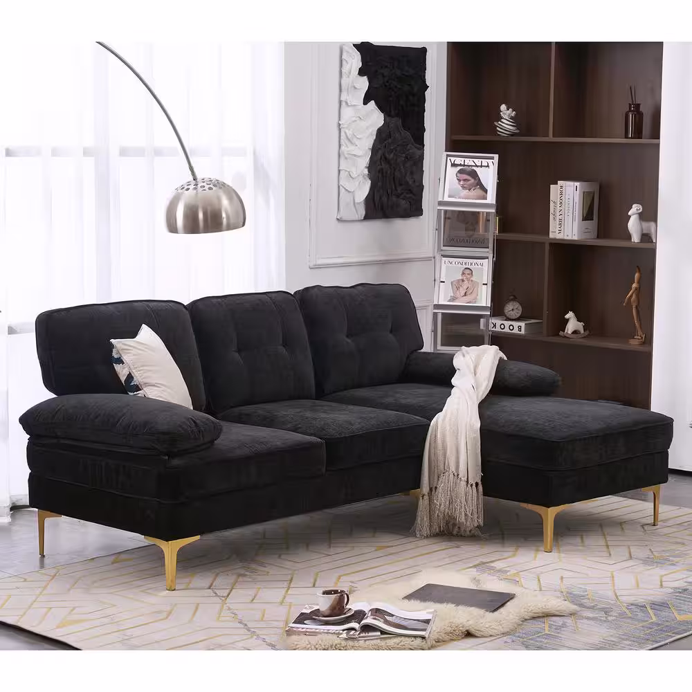 None 83 in. Wide Square Arm Chenille Mid-Century L-Shaped Sofa Black 3-Seats