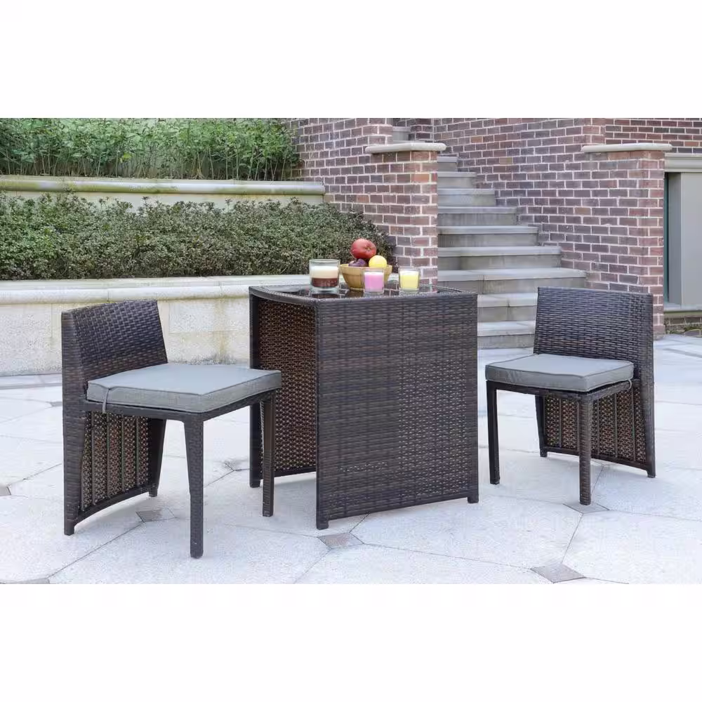 Dwell Home Inc Cape Town Mahogany Brown 3-Piece PE Wicker Space Saving Outdoor Dining Pub Set with Steel Grey Cushions