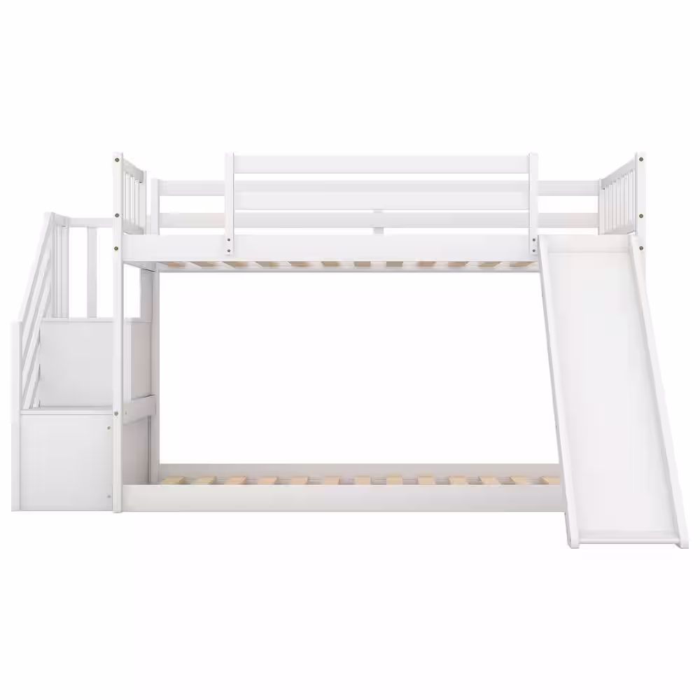 Harper & Bright Designs White Twin Over Twin Bunk Bed Daybed with Slide and Stairway