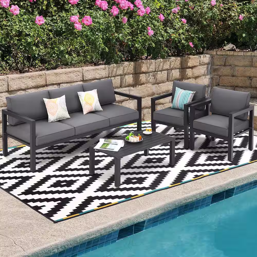 Costway Black 4-Piece Aluminum Outdoor Patio Conversation Set with Gray Cushions