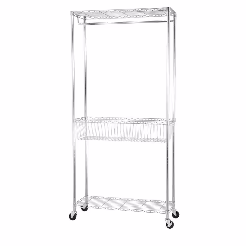 Honey-Can-Do Rolling Laundry Clothes Rack with Shelves, Chrome