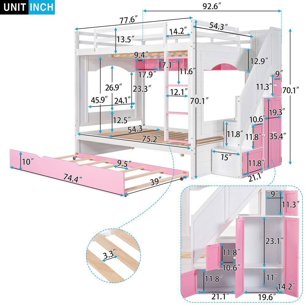Harper & Bright Designs White and Pink Full Over Full Wood Bunk Bed with Trundle, Stairs, Ladders and Storage