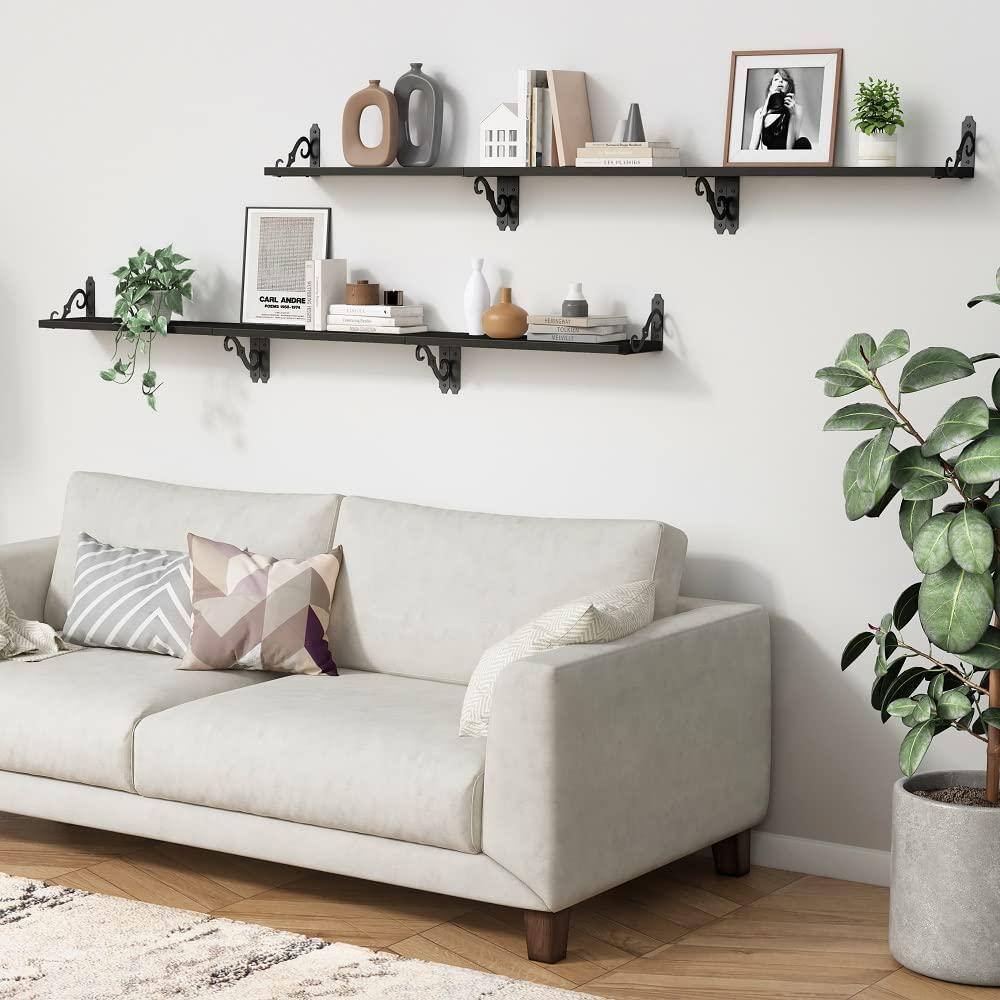 None 17 in. W x 6 in. D Black Wood Decorative Wall Shelf Floating Shelves with Brackets Set of 4