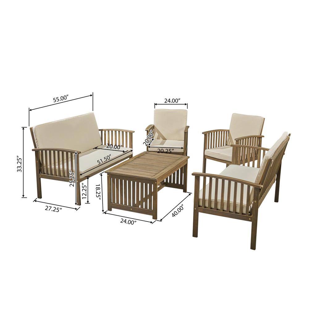Noble House Carolina Grey 5-Piece Wood Patio Conversation Set with Cream Cushions