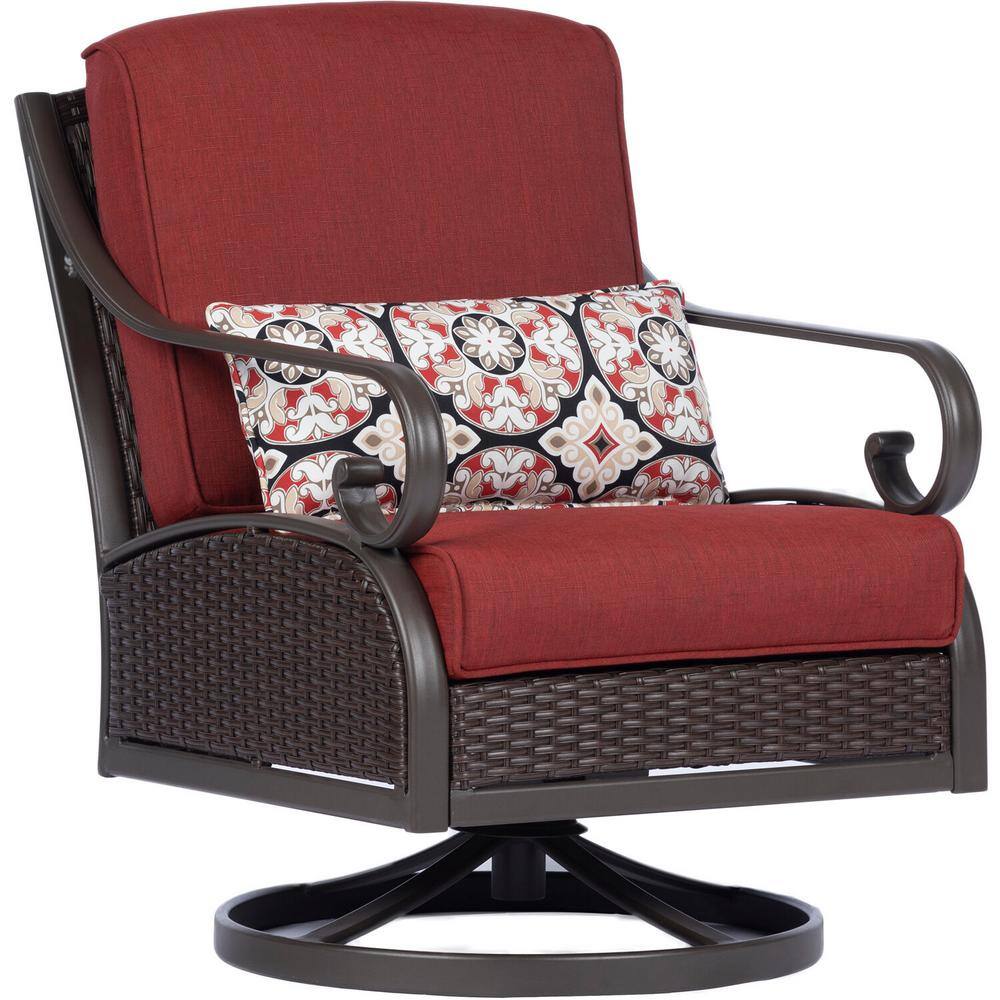 Hanover Madrid 4-Piece Wicker Patio Conversation Set w/ Red Cushions, 2 Swivel Chairs, Loveseat, Coffee Table, All-Weather