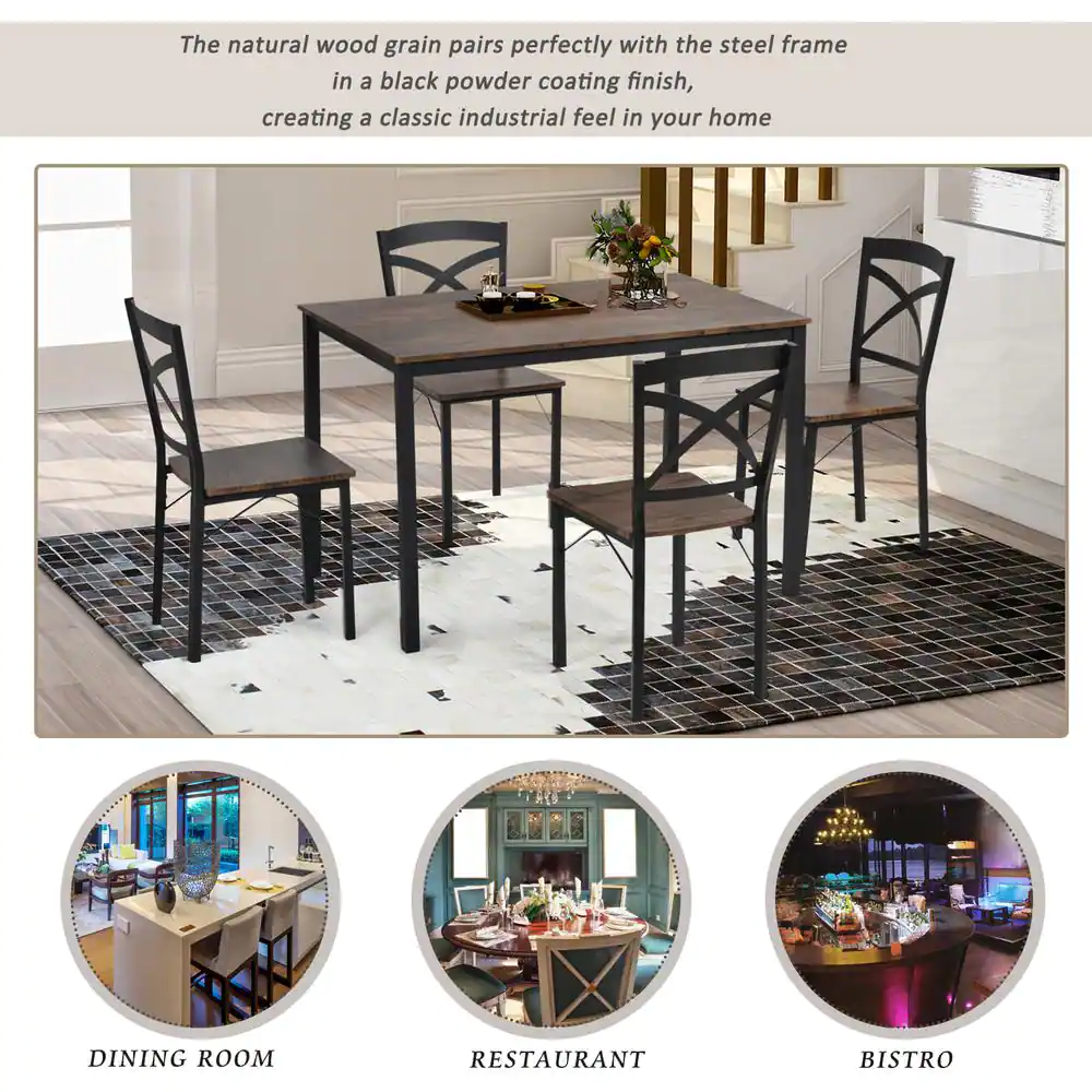 Harper & Bright Designs 5-Piece Industrial Brown Dining Set with Ergonomic Chairs
