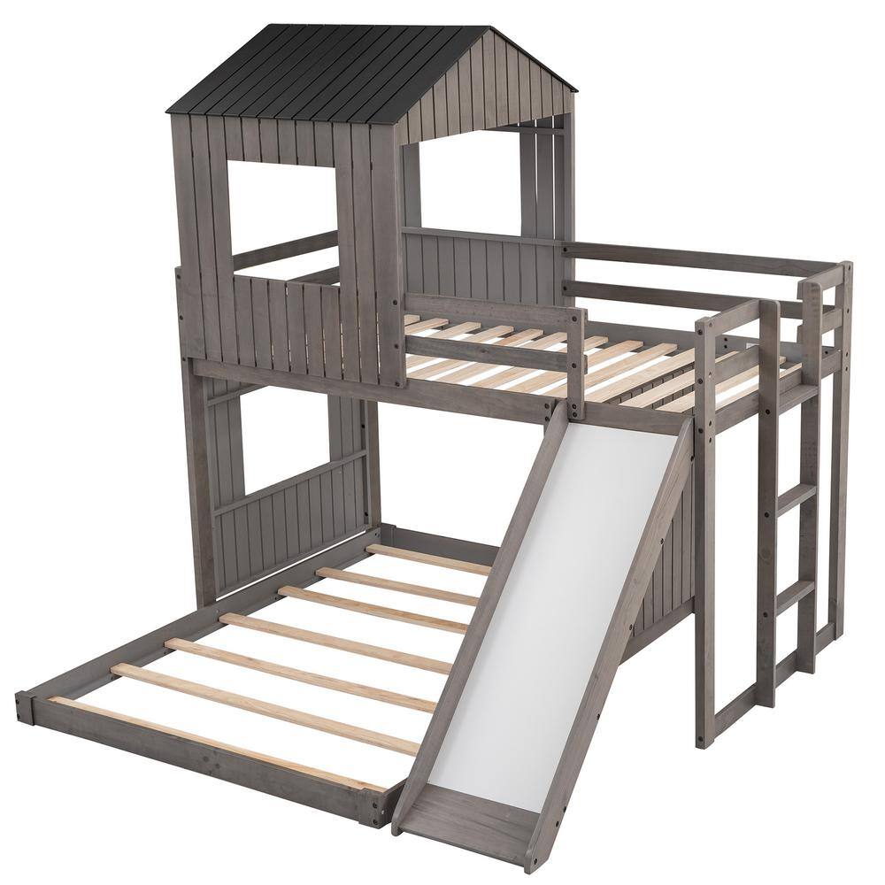None Playhouse Style Antique Gray Wooden Twin Over Full Bunk Bed with Ladder,Slide and Guardrails(78.7 in. W x 82.3 in. H)