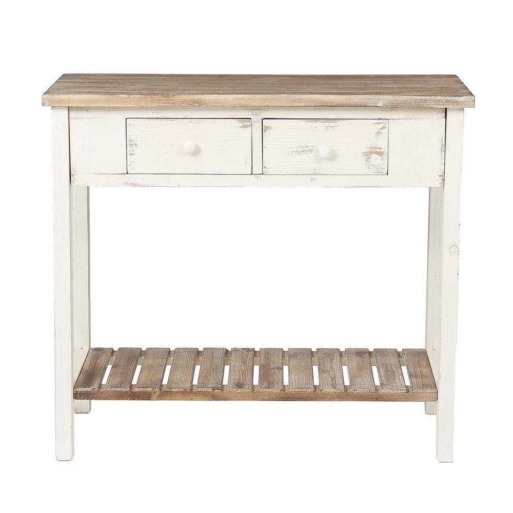 LuxenHome 36 in. Distressed White 2-Drawer Rectangle Wood Entryway and Console Table