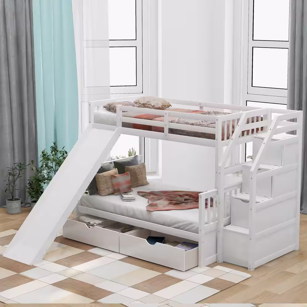 Harper & Bright Designs White Twin Over Full Bunk Bed with Drawers and Slide