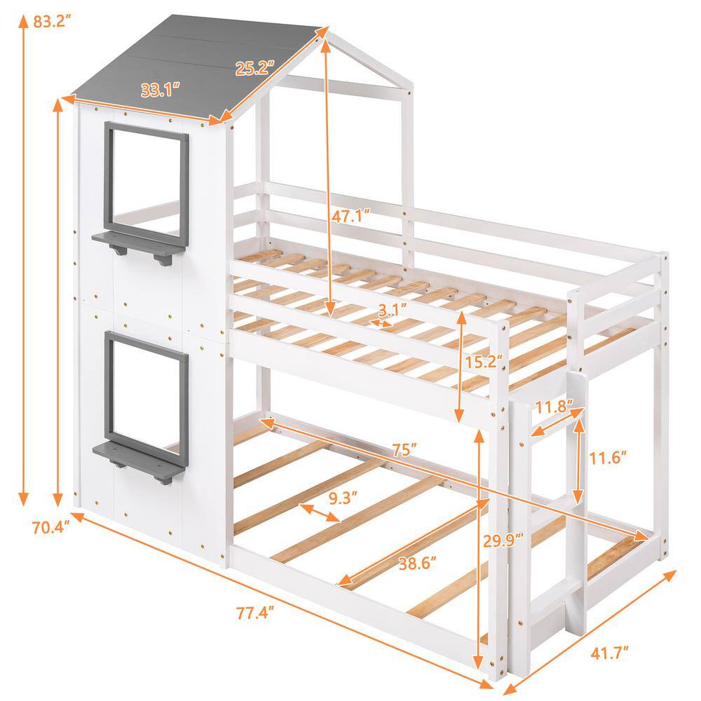 Harper & Bright Designs White Twin Over Twin Wood Bunk Bed with Roof and Window