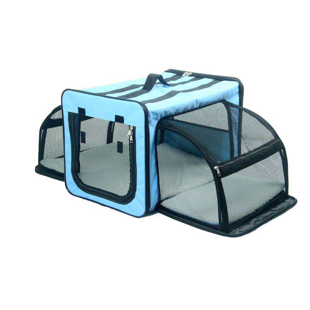 PET LIFE Large Blue Capacious Dual Expandable Wire Folding Lightweight Collapsible Travel Pet Dog Crate