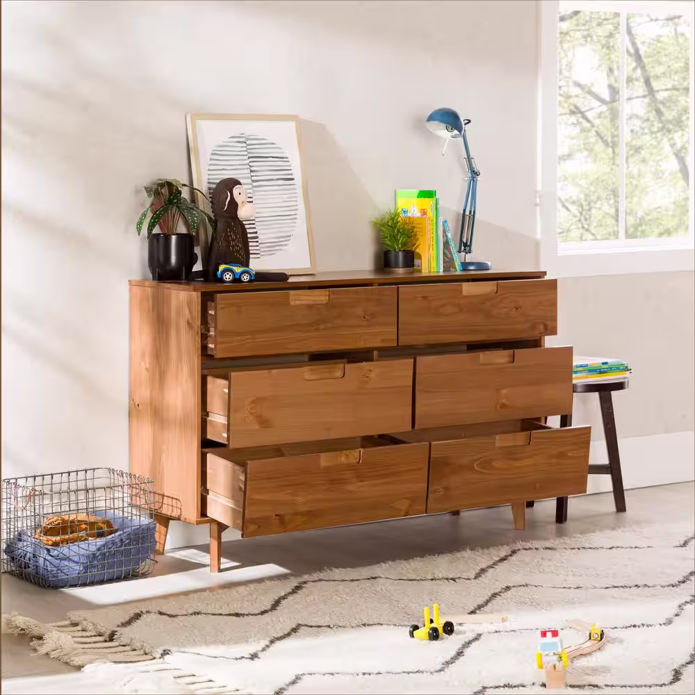 Walker Edison Furniture Company Sloane 6-Drawer Caramel Mid-Century Modern Solid Wood Dresser