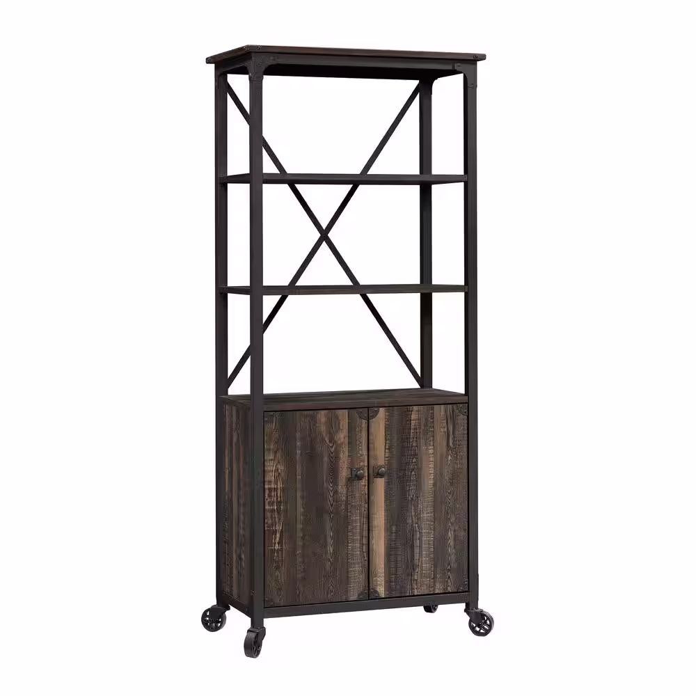 SAUDER 69.8 in. Carbon Oak Metal 5-shelf Cart Bookcase with Doors
