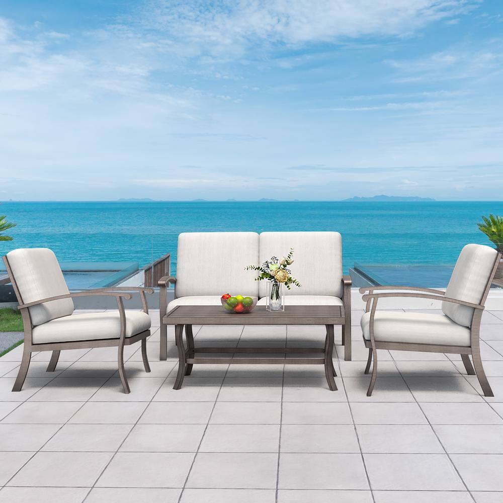 None 4-Person Aluminum Patio Conversation Set with Coffee Table and Light Gray Cushions