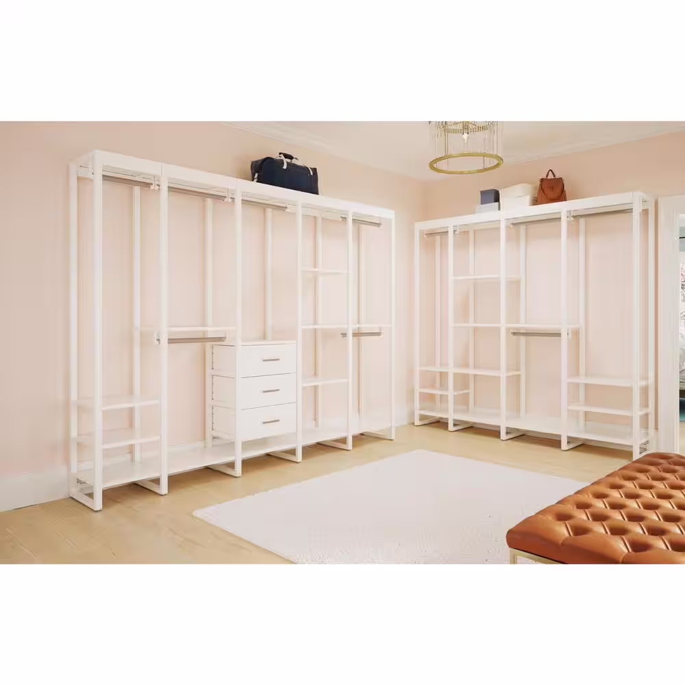 CLOSETS By LIBERTY 108 in. W White Adjustable Wood Closet System with 13-Shelves, 6-Rods and 3-Drawers