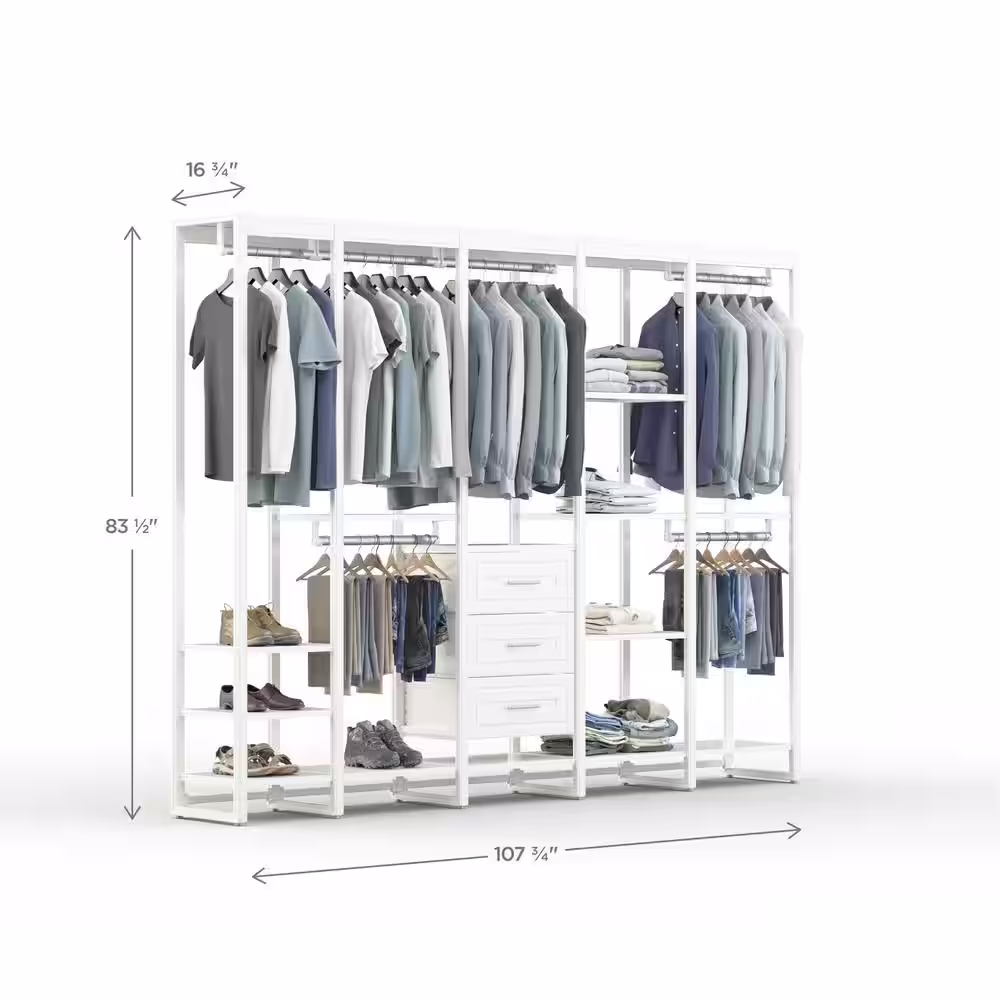 CLOSETS By LIBERTY 108 in. W White Adjustable Wood Closet System with 13-Shelves, 6-Rods and 3-Drawers