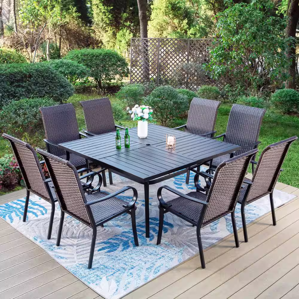 None 9-Piece Metal Outdoor Dining Set with Square Table and Curved Armrest High-Back Rattan Chairs