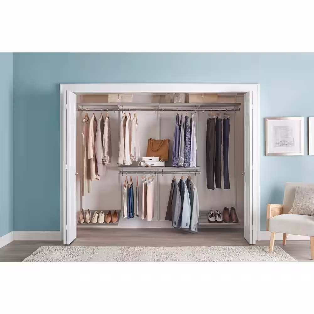 Everbilt Genevieve 8 ft. Gray Adjustable Closet Organizer Double and Long Hanging Rods with Shoe Rack
