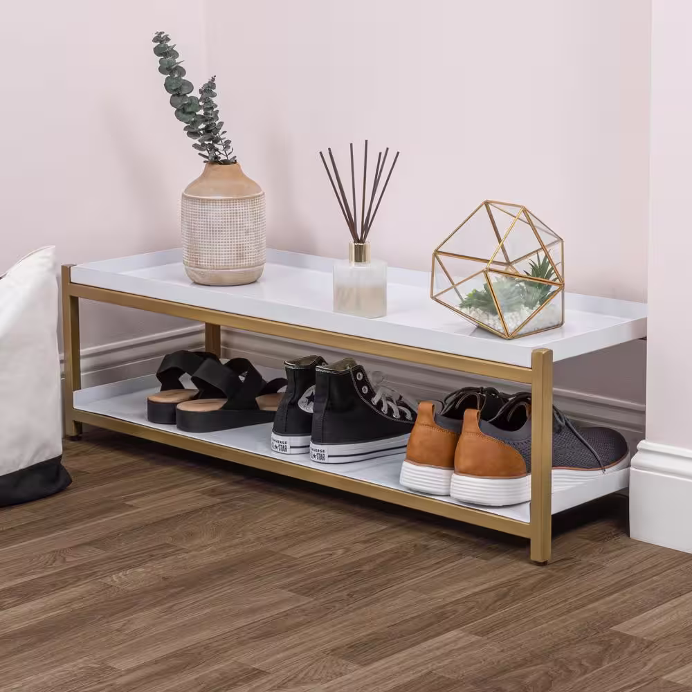 happimess Industrial Compact 10.75 in. H 6-Pair 2-Tier Iron Shoe Rack in White/Gold