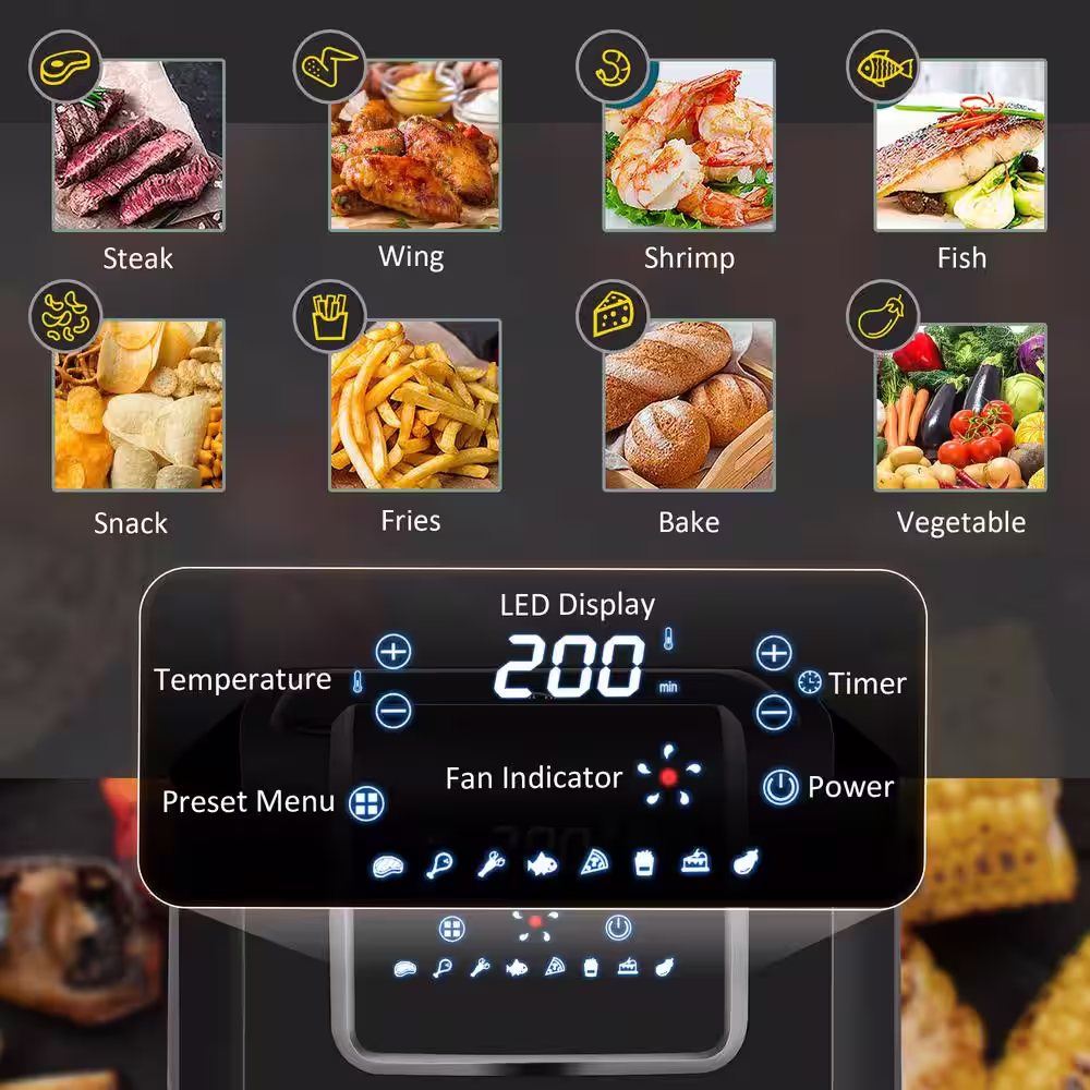 HOMCOM 1700-Watt 6.9 qt. Black Air Fryers Oven with Digital Display, 360Â° Air Circulation, Adjustable Temperature, Timer