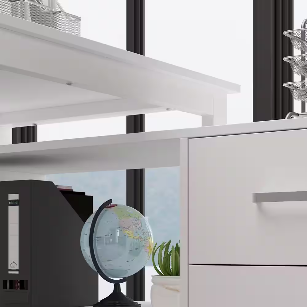 None L-Shaped White Wooden Commercial Writing Desk, with 1 Drawer, Open Shelves and Eco-Friendly Paint Finish, 55.1 in. W